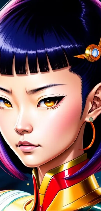 Anime warrior girl with dark blue hair and striking armor in digital art style.