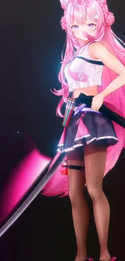 Anime warrior girl with pink hair and a sword on a dynamic mobile wallpaper.