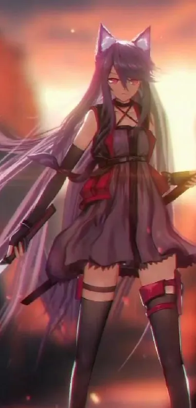 Anime warrior girl with swords and long purple hair.