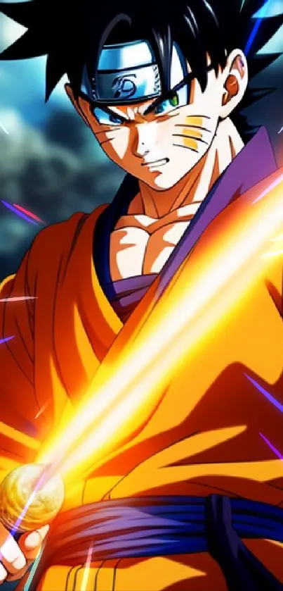 Anime warrior in orange outfit with glowing energy sword, intense sky background.