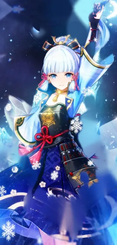 Anime warrior with ice theme and vivid colors in dynamic mobile wallpaper.