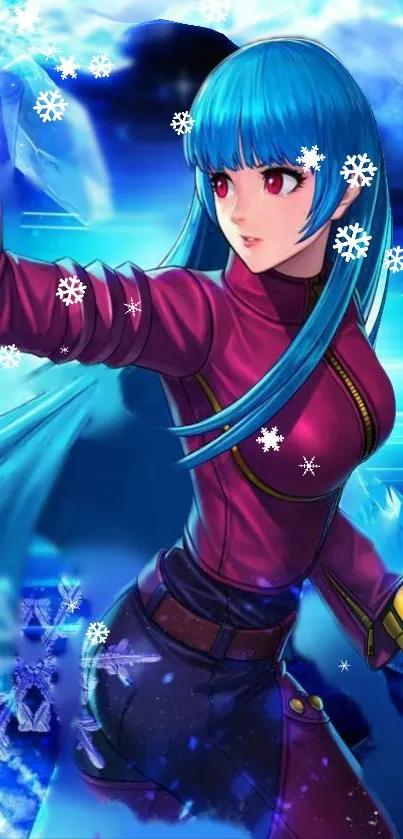 Anime warrior with blue hair in icy setting wallpaper.