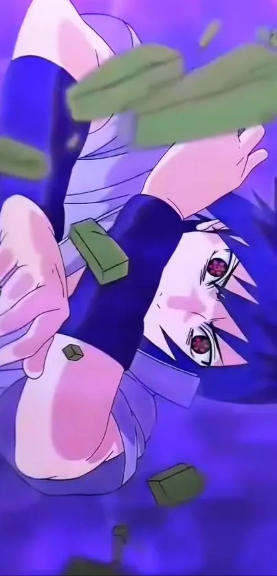 Dynamic anime character in action with blue and purple hues, perfect for fans.