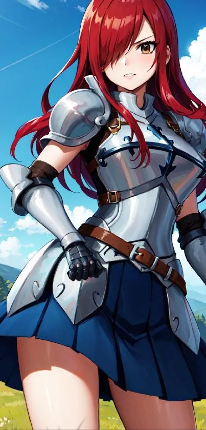 Anime warrior in armor with red hair on a scenic field.