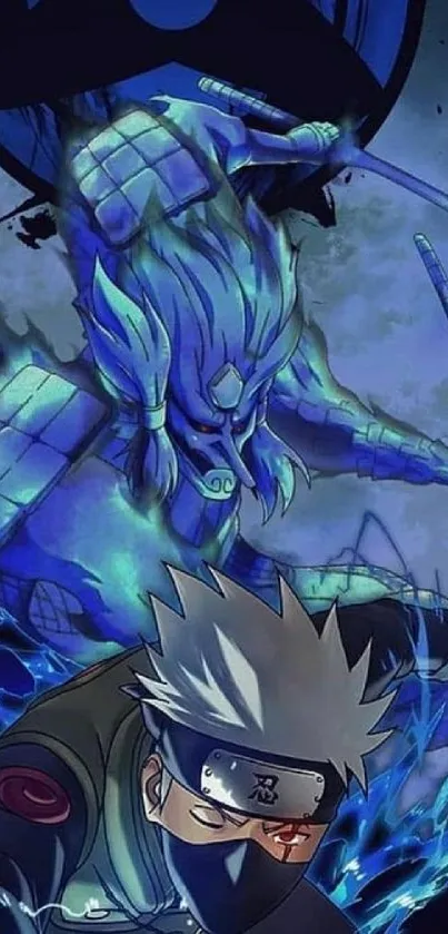 Anime warrior in blue with energy aura.