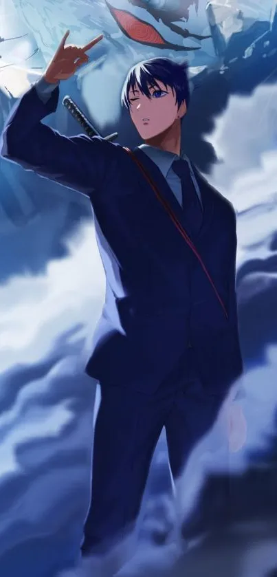 Anime warrior in a blue suit with cloudy background.