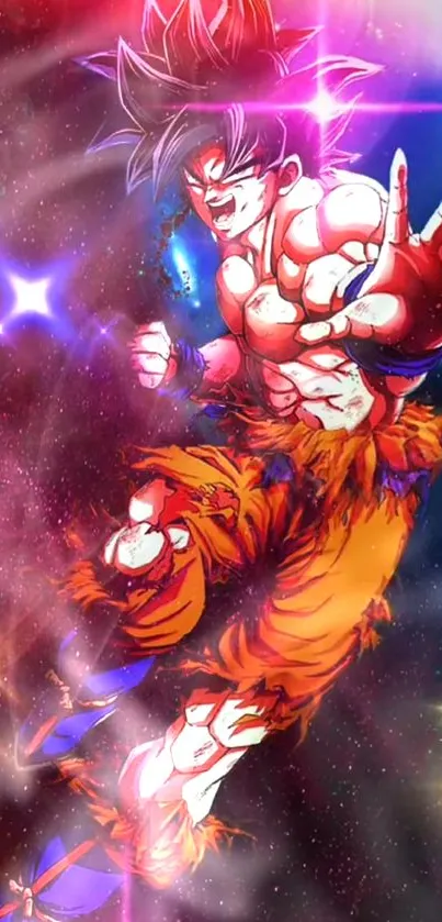 Anime warrior in a cosmic, vibrant battle scene on mobile wallpaper.