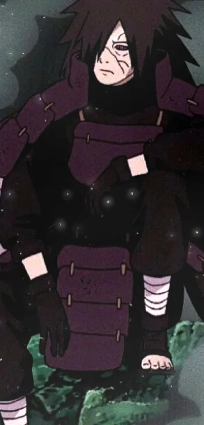 Anime warrior in dark purple armor with smoke background.