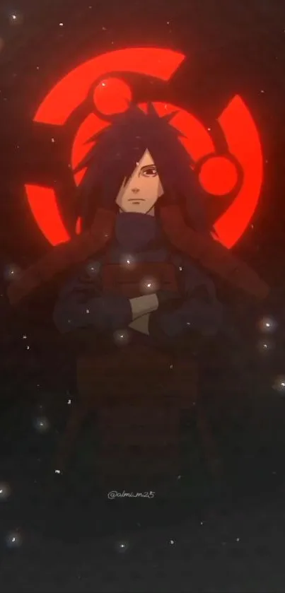 Anime warrior with red circle aura on a dark background.