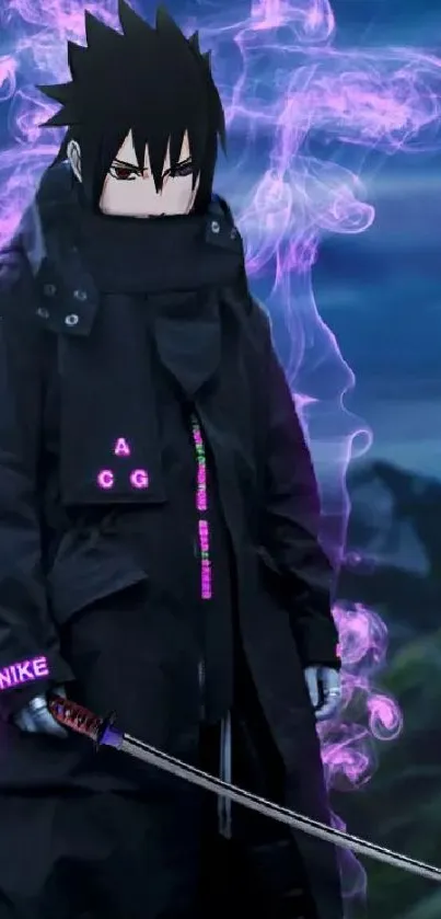 Anime warrior with dark cloak and purple aura in a mystical scene.