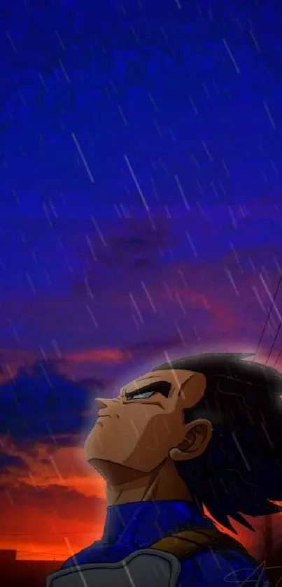 Anime warrior faces stormy evening sky, vibrant colors.