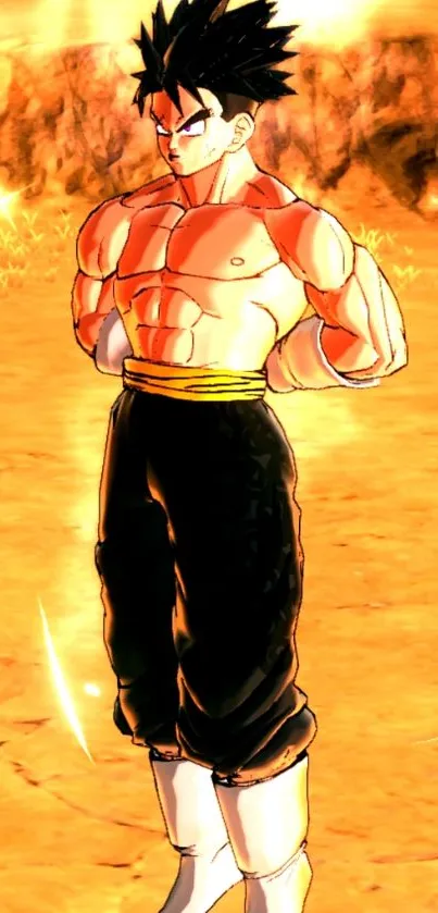 Anime warrior with fiery golden aura on sandy background.