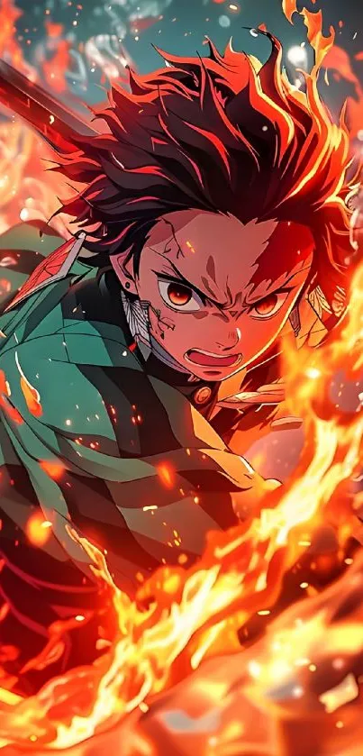 Anime warrior engulfed in vibrant flames.