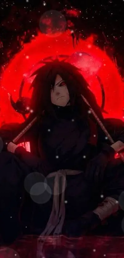 Anime warrior with fiery red background sits in an intense pose.