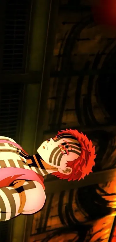 Anime warrior with red hair in fiery lighting.