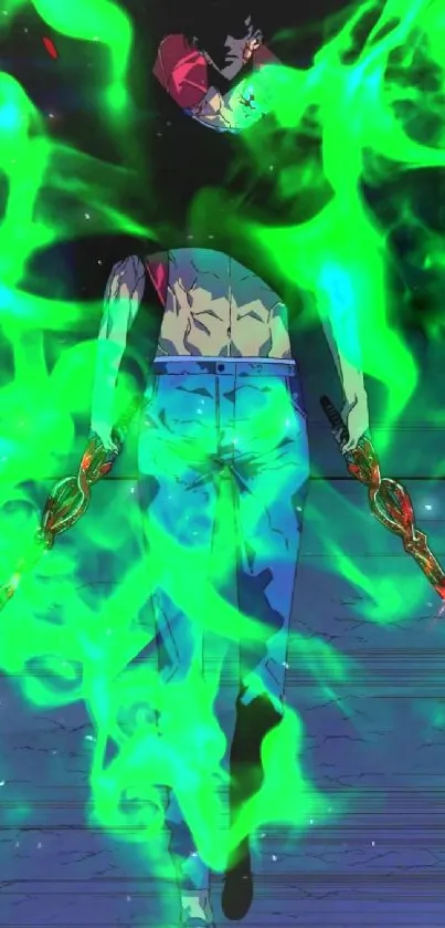 Anime warrior walking through green flames.