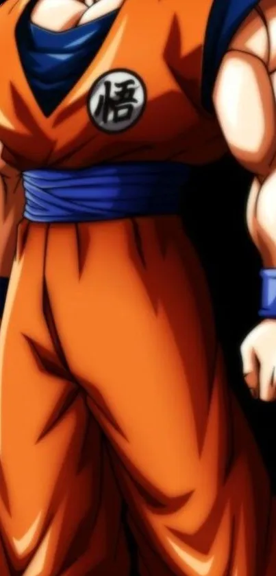 Anime warrior in vibrant orange outfit posed powerfully against a dark background.