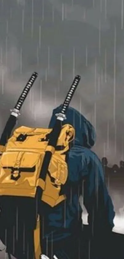 Anime figure with swords in rain, wearing a yellow backpack.