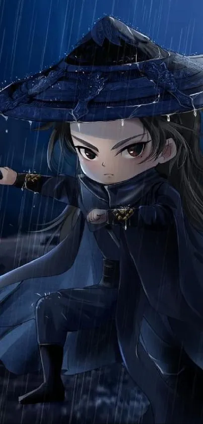 Chibi anime warrior in dark rainy scene with sword drawn.