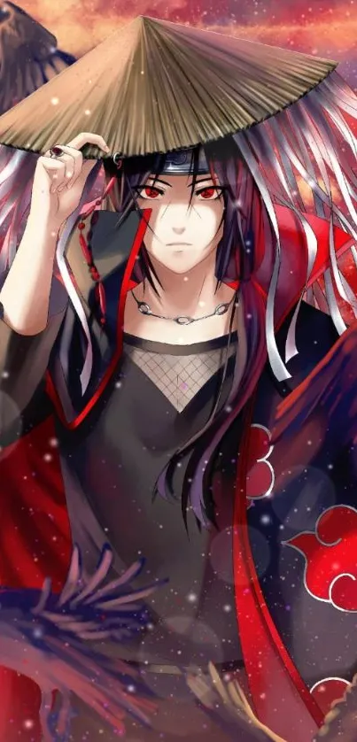 Anime warrior in red and black attire with hat and dramatic background.