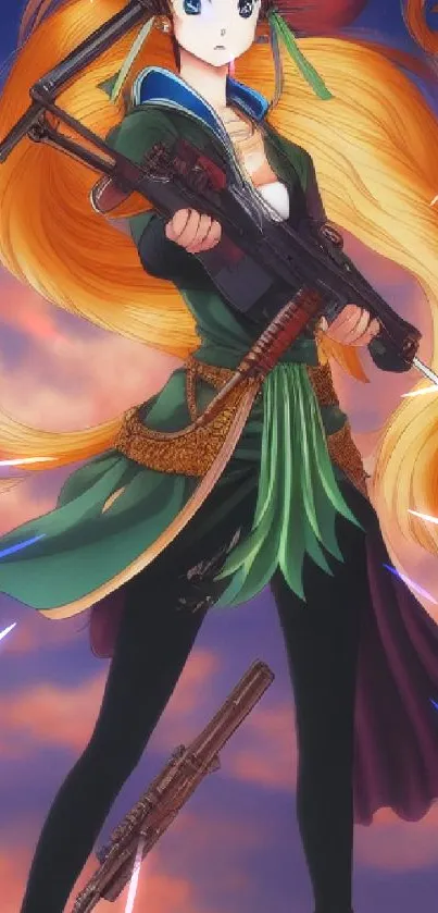 Anime warrior with vibrant hair in a sunset sky background.