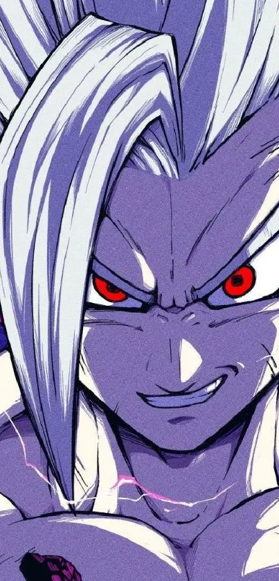 Anime character with intense gaze and vibrant purple tones.