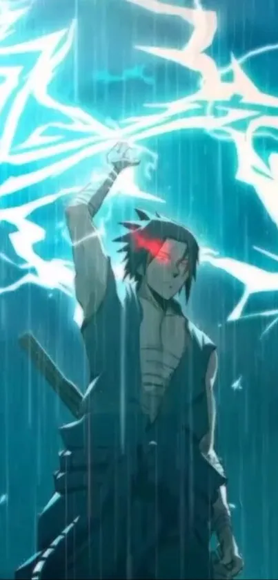 Anime warrior with lightning and red eyes in a stormy scene.