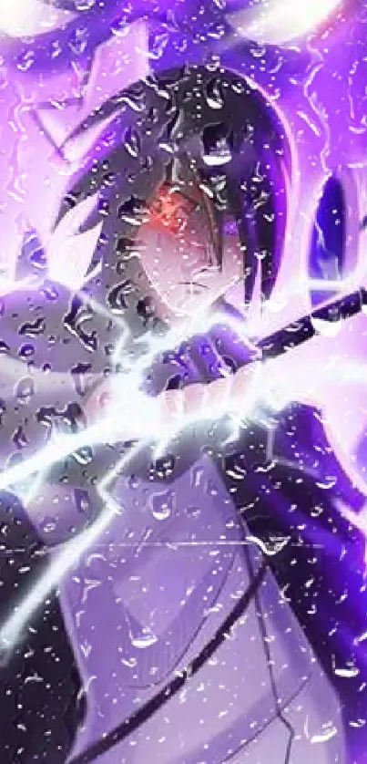 Anime warrior with lightning and raindrops on a vibrant purple background.