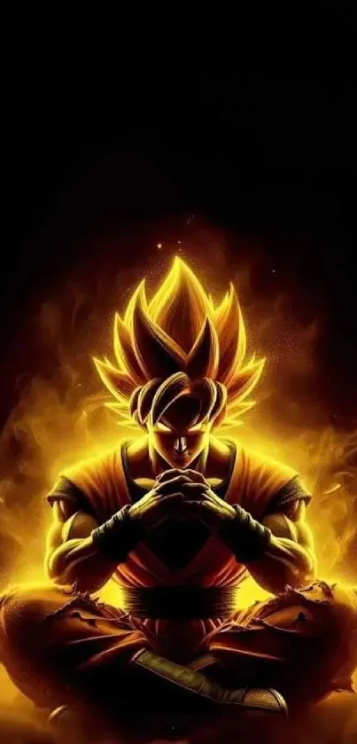 Anime character in meditation with fiery aura.