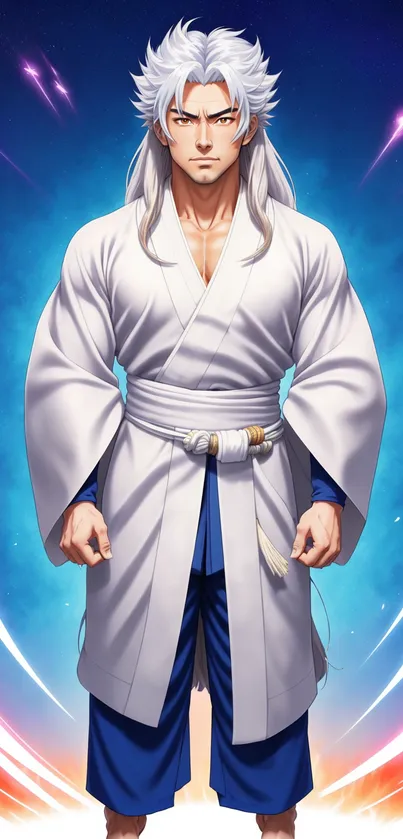 Anime warrior with white hair in traditional attire on a blue background.