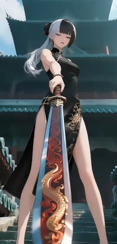 Anime warrior with a sword and tower in background.