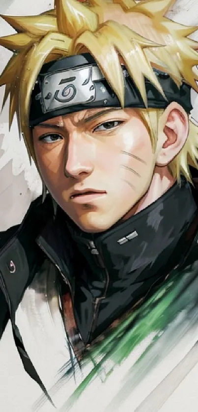 Anime character with headband and intense gaze on a mobile wallpaper.