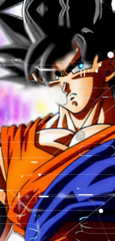 Anime warrior in orange and blue, with a vibrant, mystical background.