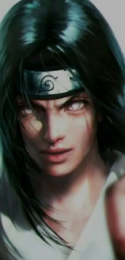 Anime warrior with long hair and intense look.