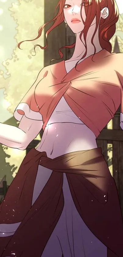 Anime warrior with a pink top stands in sunlit scene.