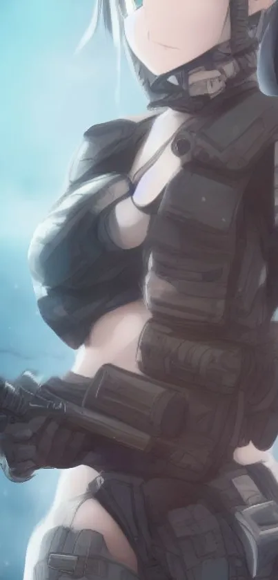 Anime warrior in tactical gear with light blue background.