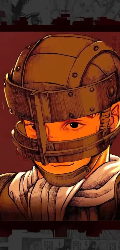 Anime warrior with helmet in dark orange hues.