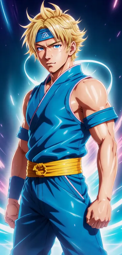 Anime warrior in blue outfit with neon aura.