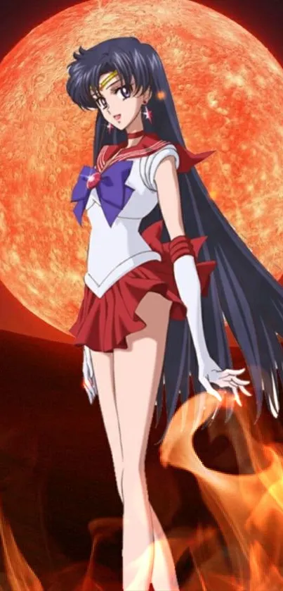 Anime warrior standing with fiery background and large moon.