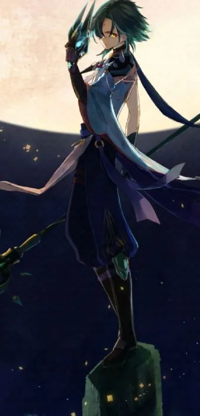 Anime warrior standing under a moonlit sky with a powerful stance.