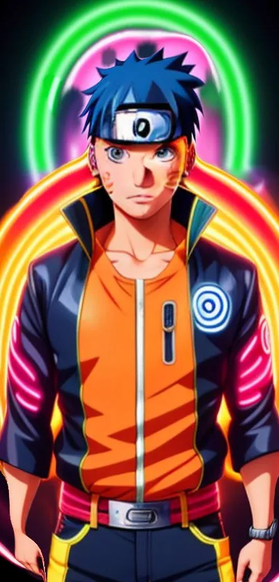 Anime warrior with neon rings in bright colors.