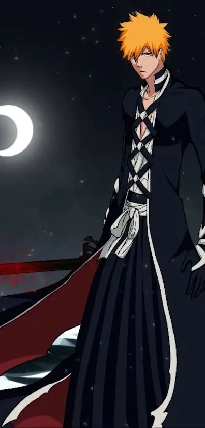 Anime warrior standing under a crescent moon in a dark scene.