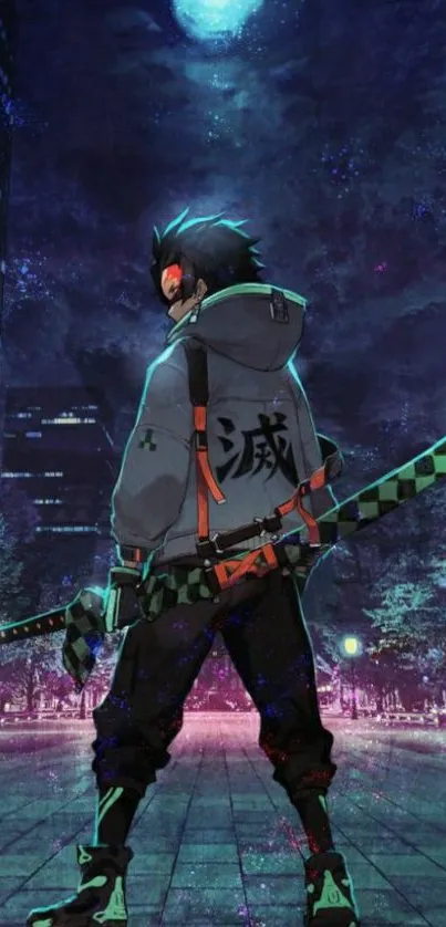 Anime warrior standing in a city at night.