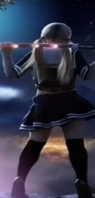Anime warrior with glowing staff under night sky.