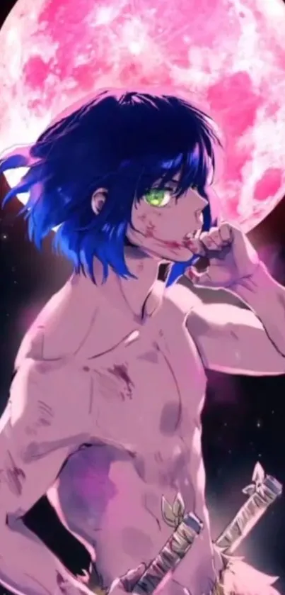 Anime warrior with blue hair under a pink full moon in a starry night sky.