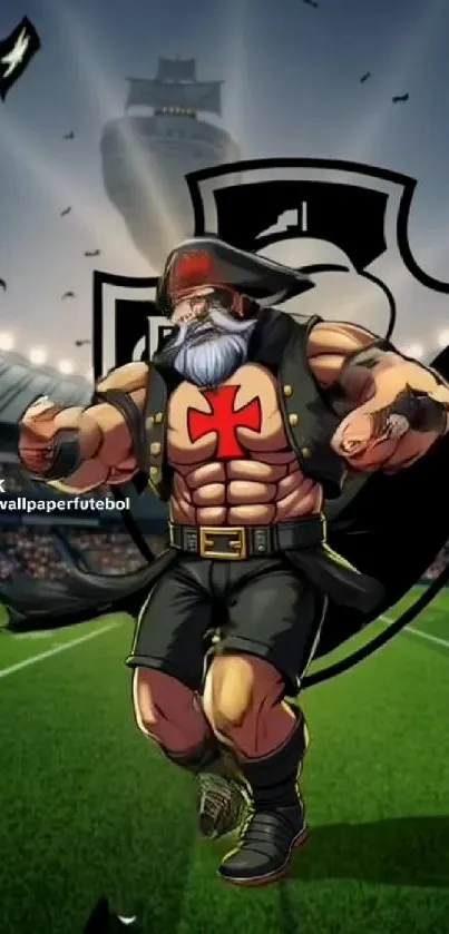 Muscular anime warrior on sports field.