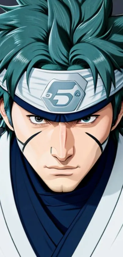 Anime warrior with teal hair and intense expression.