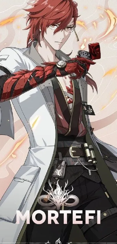 Dynamic anime warrior with red hair and gloves on stylish wallpaper.