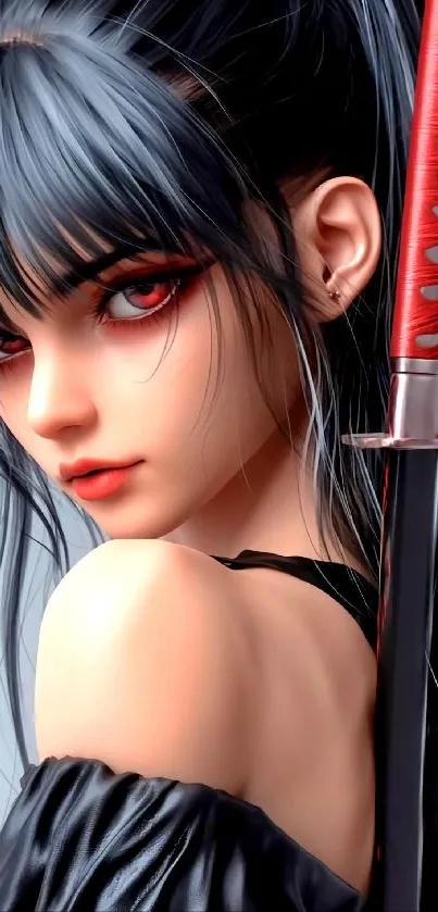 Anime girl with red eyes and katana mobile wallpaper.