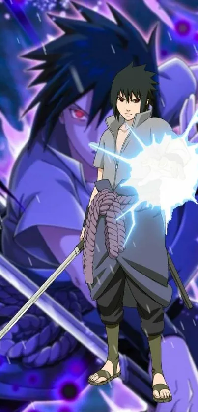 Anime warrior with lightning sword on a dynamic background.